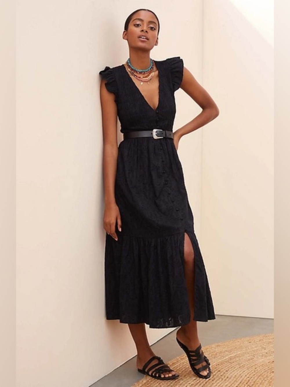 Anthropologie Black Peregrine Midi Dress V-Neck Ruffle Sleeve size medium